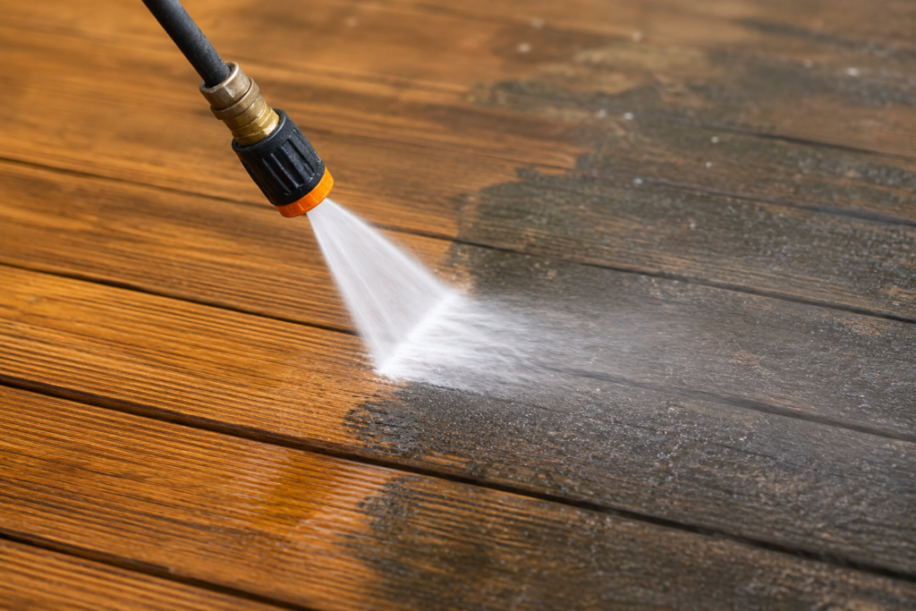 Power washing and cleaning an outdoor wooden deck surface